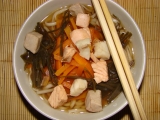 Mioshiru /tradiční japonská polévka/ s třemi druhy ryb., Mioshiru, /tradiční, japonská, polévka/, třemi, druhy, ryb.