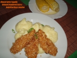 Smažené kuřecí řízečky v cornflakes s bramborovou kaší a kukuřicí, Smažené, kuřecí, řízečky, cornflakes, bramborovou, kaší, kukuřicí