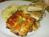 Smažený halibut v brokolicovém těstíčku  s česnekovou kaší, Smažený, halibut, brokolicovém, těstíčku, , česnekovou, kaší