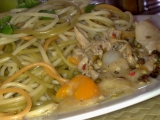 Tříbarevné hořčicové špagety s kuřecím masem, Tříbarevné, hořčicové, špagety, kuřecím, masem